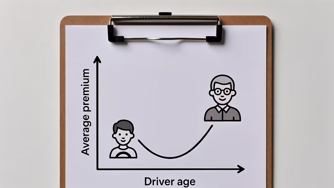 U-shaped chart showing average car insurance premiums by driver age with teen and senior icons.