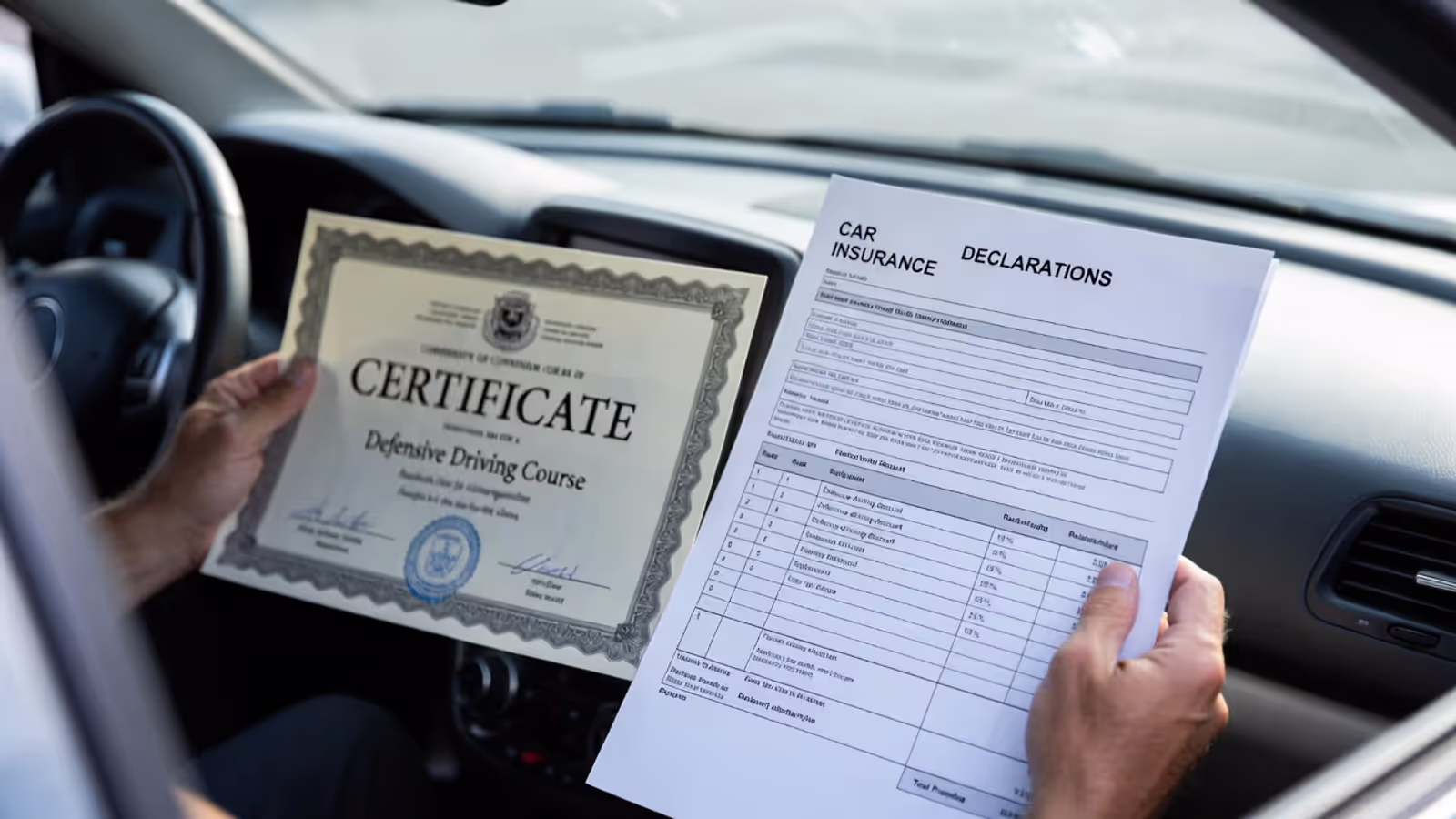 Driver holding a course certificate beside an insurance page showing a defensive driving discount and lower premium.