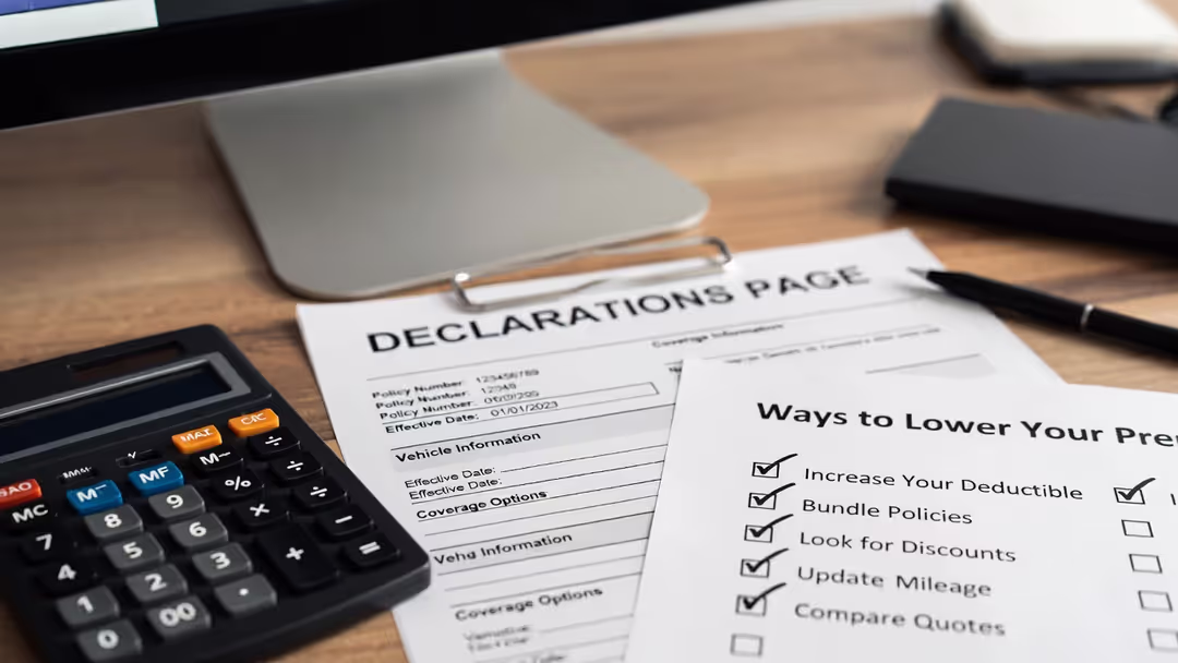 Car insurance paperwork with a calculator and a checklist of ways to lower premiums.