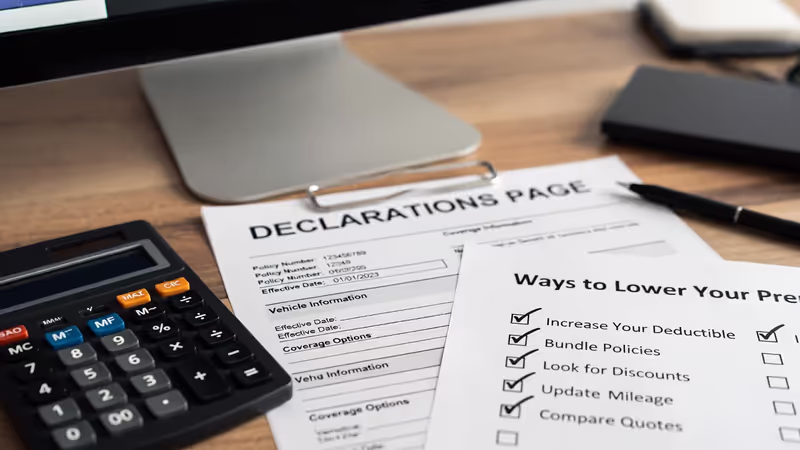 Car insurance paperwork with a calculator and a checklist of ways to lower premiums.