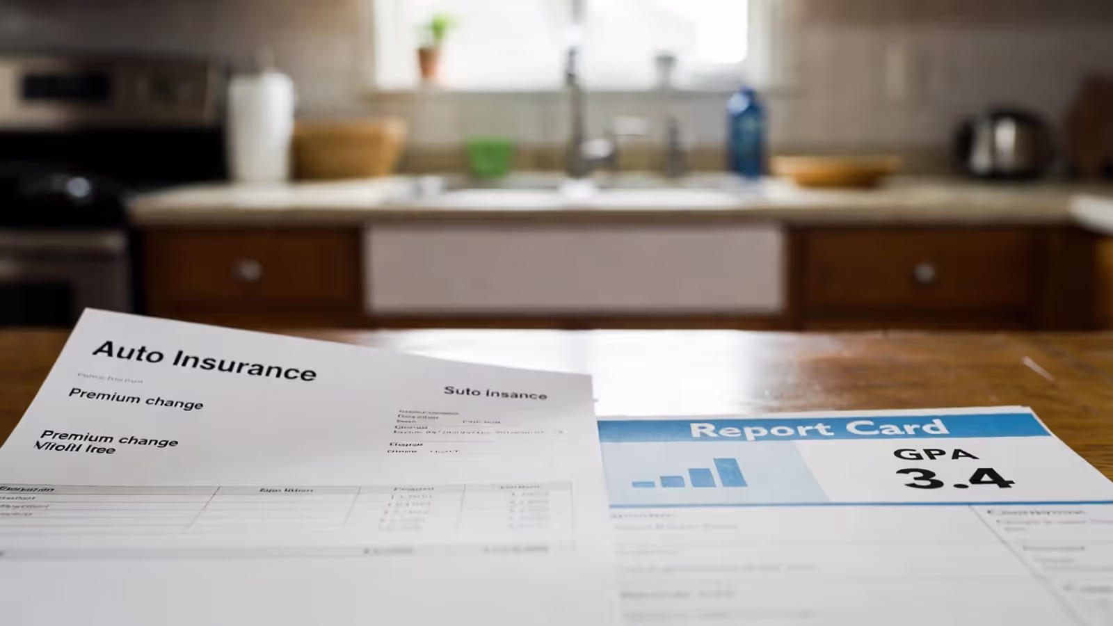 Parent comparing an auto insurance bill with a student report card showing a GPA.