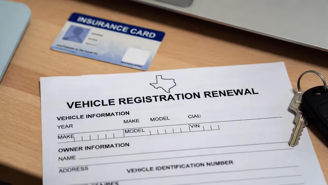 Texas registration renewal notice next to a generic insurance card and car keys.