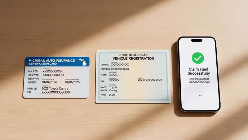 Michigan auto insurance card and registration on a desk next to a phone showing a claim confirmation.