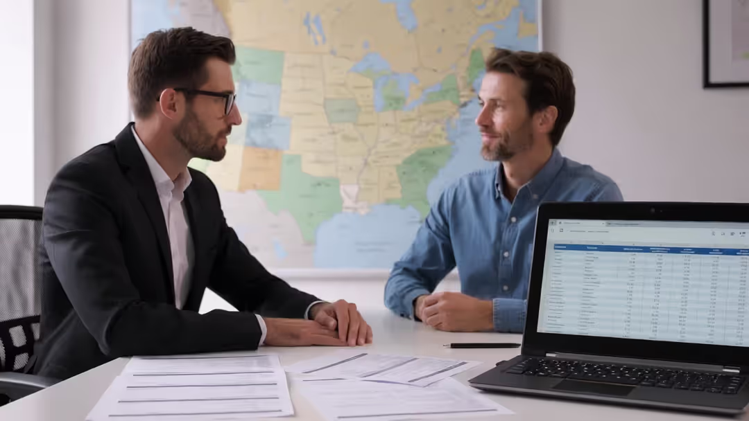 Independent insurance agent reviewing quote comparison documents with a customer in an office