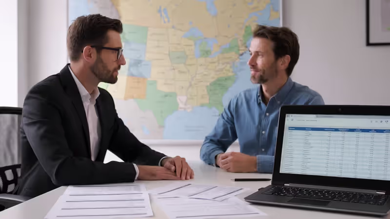 Independent insurance agent reviewing quote comparison documents with a customer in an office