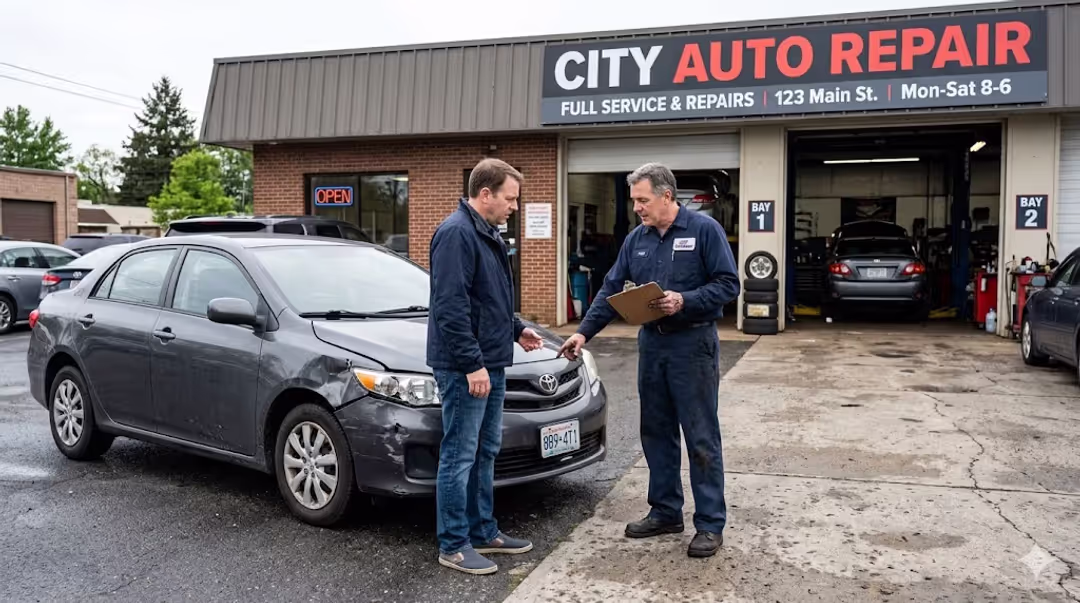 damaged car at repair shop with owner discussing repairs