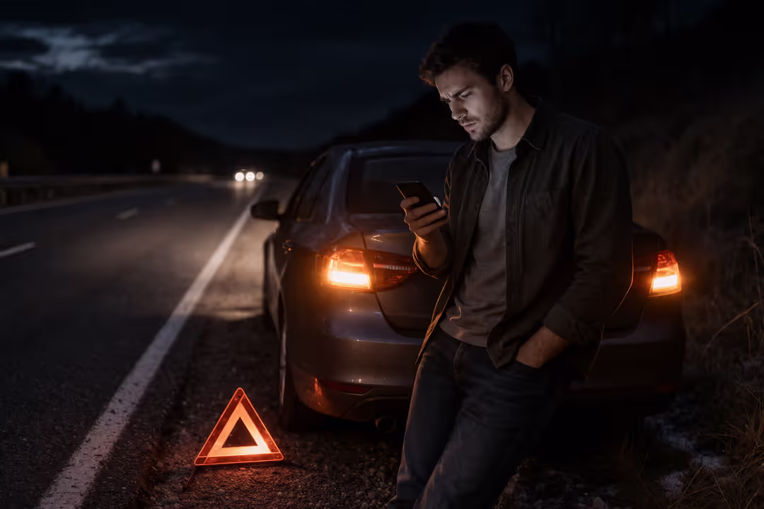 broken car on roadside at night with driver calling for help