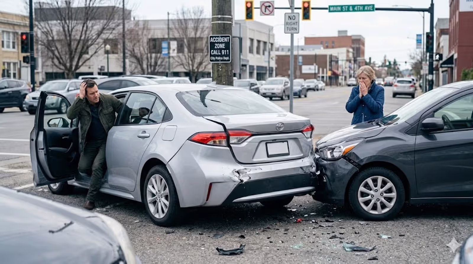 car accident at intersection with drivers inspecting damage