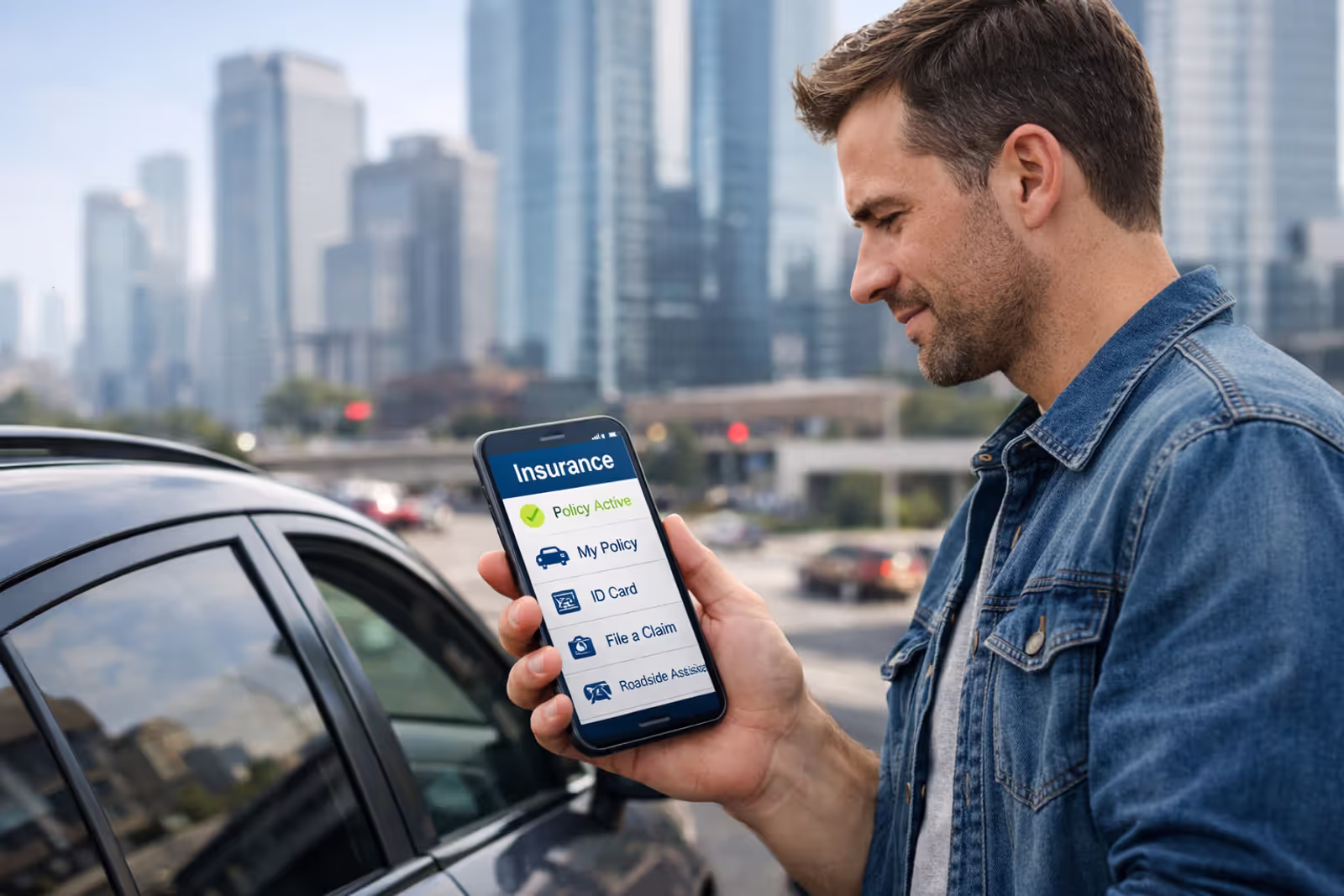 driver using mobile app to manage car insurance