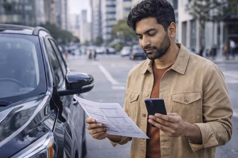 driver reviewing car insurance options near vehicle