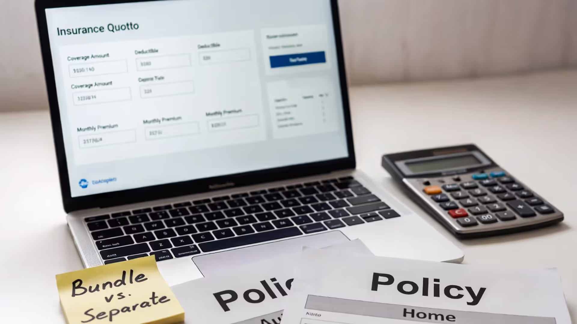 Laptop and documents comparing bundled versus separate auto and home insurance costs.