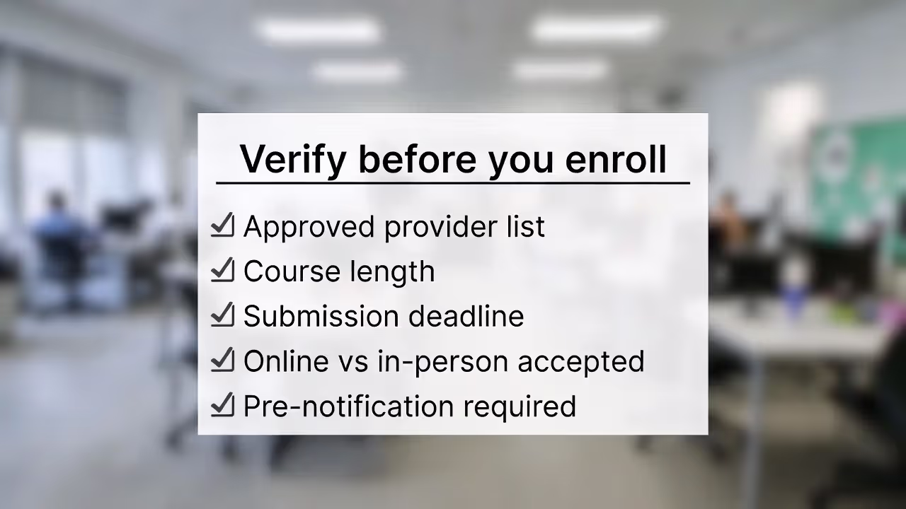 Callout reminding readers to verify insurer requirements before taking a course.