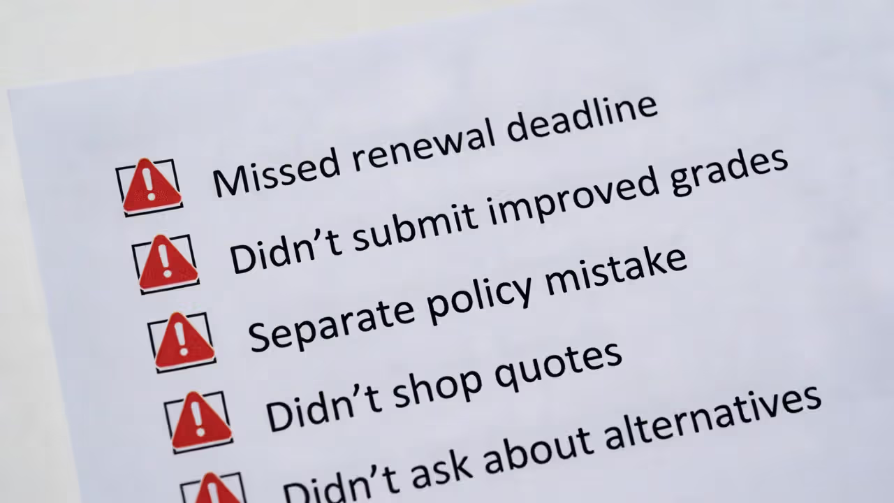 Checklist of common mistakes that cause families to lose student insurance discounts.