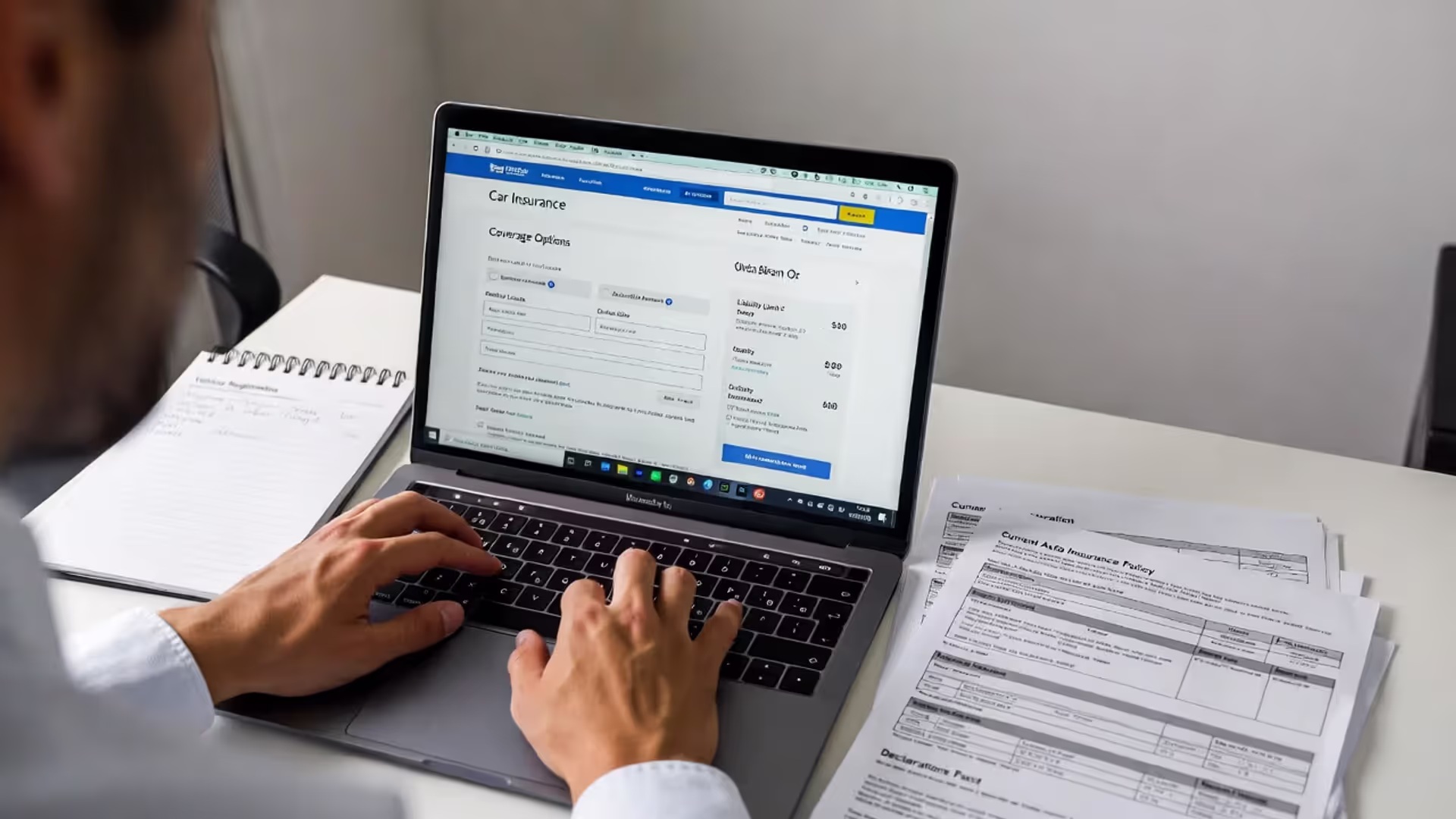 Person reviewing a car insurance quote beside registration and policy documents on a desk.