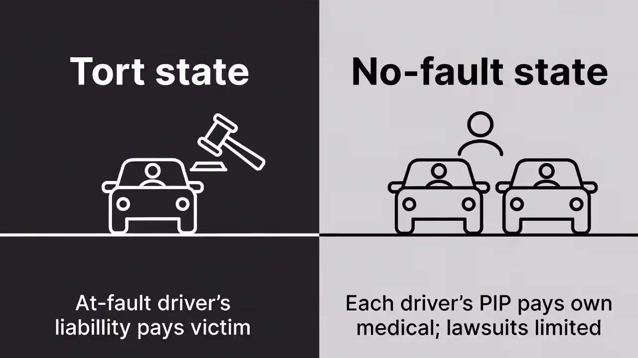 Diagram comparing tort states and no-fault states and how claims are paid.