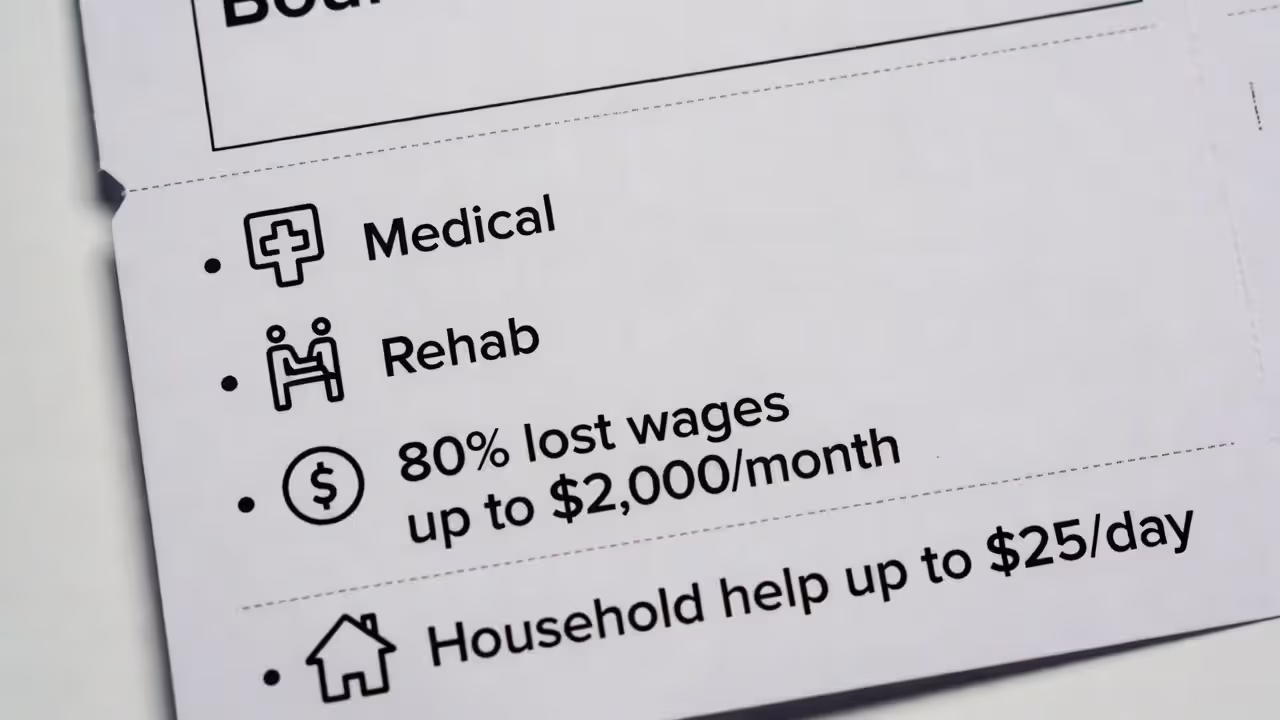 Card listing PIP benefits including medical, rehab, wage loss, and household expense coverage.