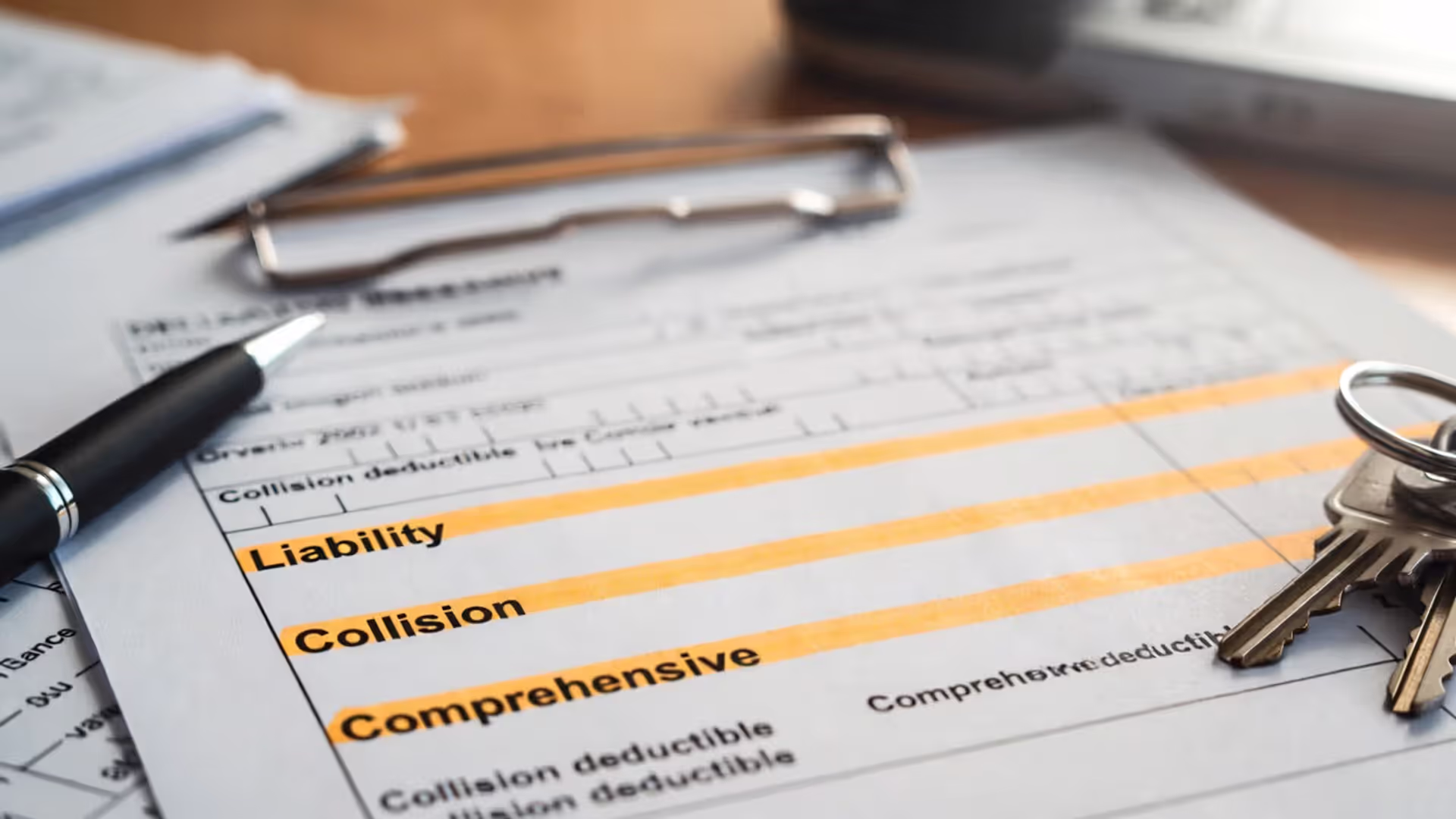 Insurance declarations page highlighting liability, collision, and comprehensive coverages with deductibles.
