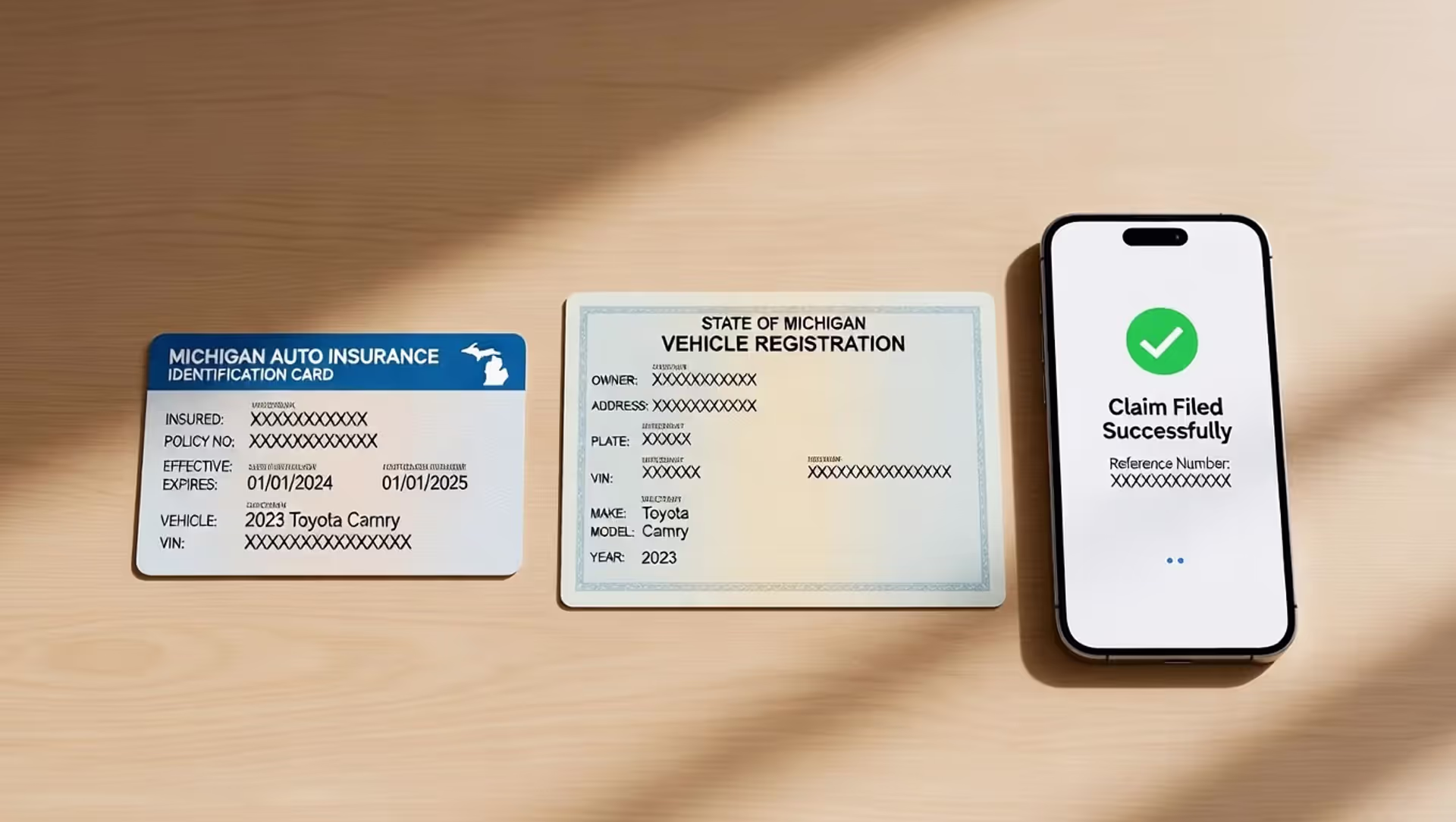 Michigan auto insurance card and registration on a desk next to a phone showing a claim confirmation.