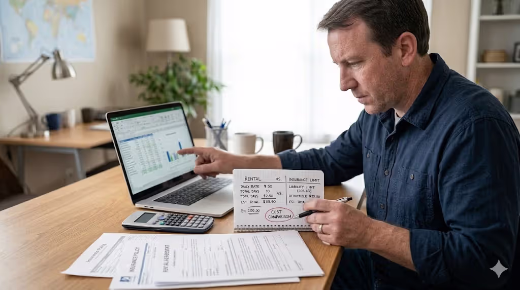 person calculating rental costs and insurance limits