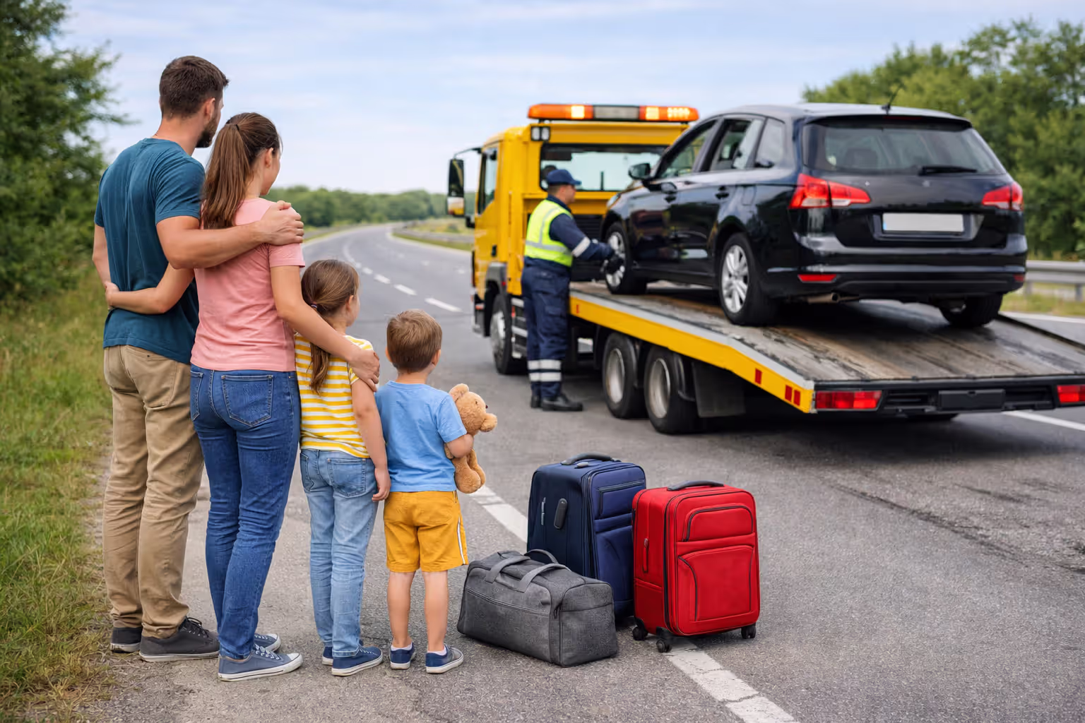 family with broken car receiving roadside assistance during trip