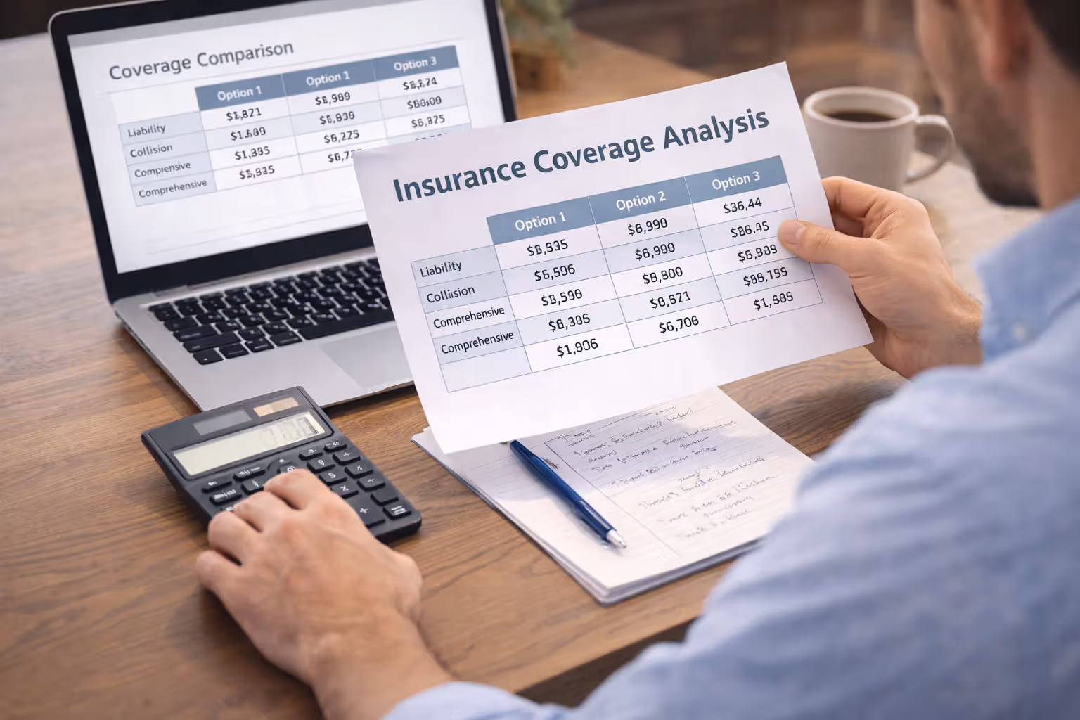 person calculating insurance coverage limits and costs