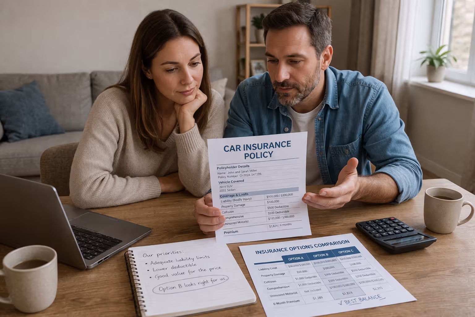 family reviewing insurance policy and making coverage decision