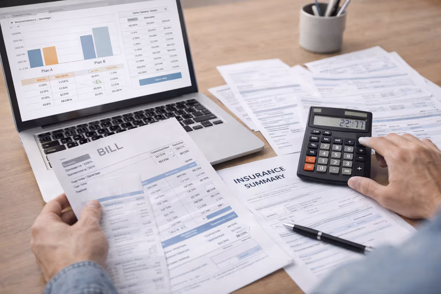 person calculating insurance costs and comparing prices