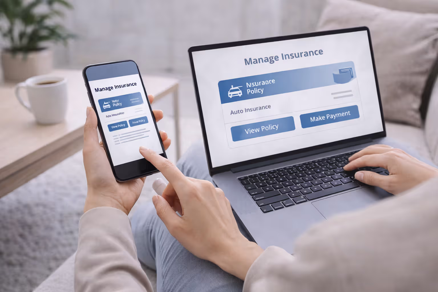 person managing insurance policy through mobile app at home