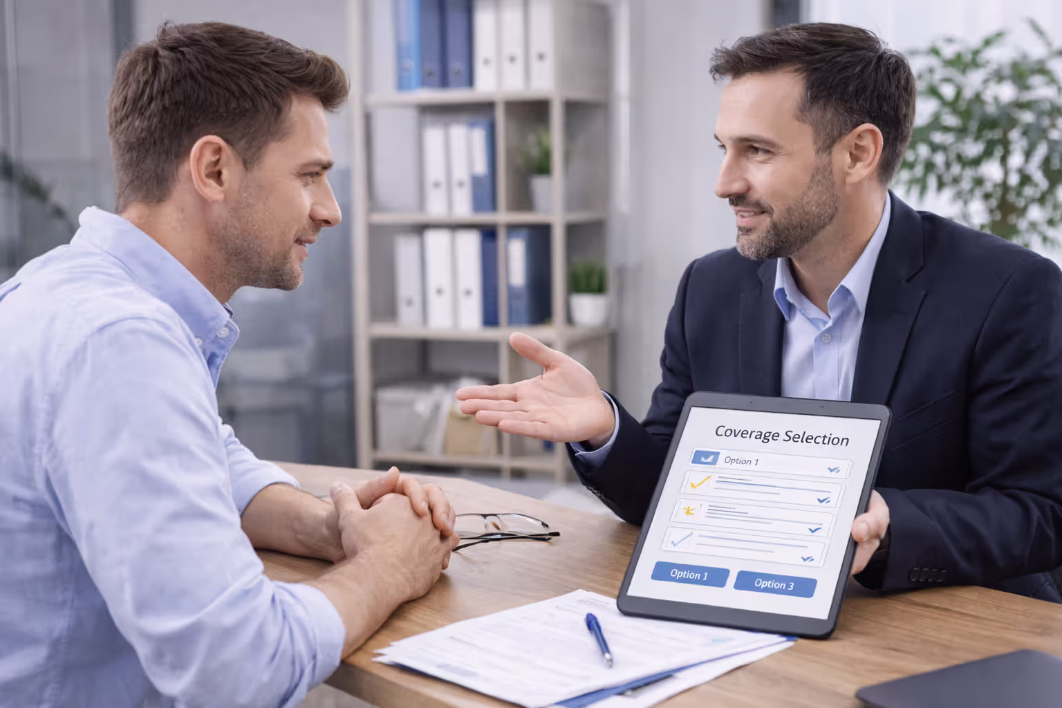 insurance agent consulting client about policy options