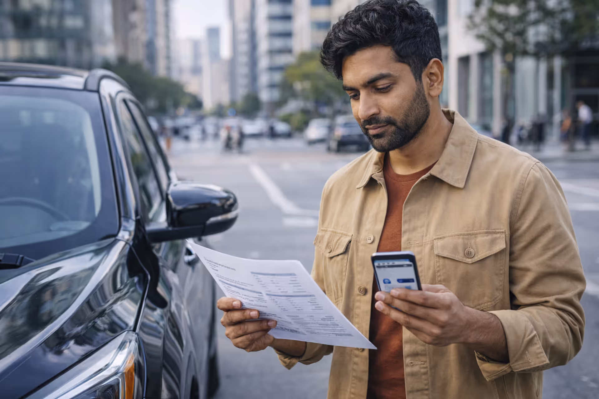 driver reviewing car insurance options near vehicle
