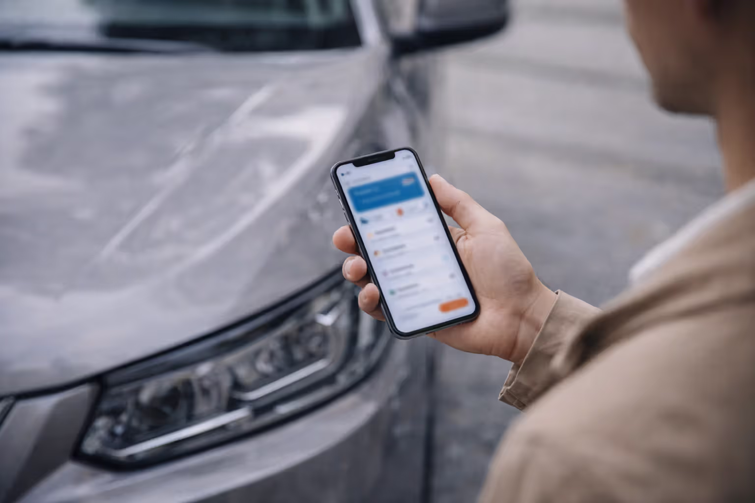 person using insurance mobile app near car