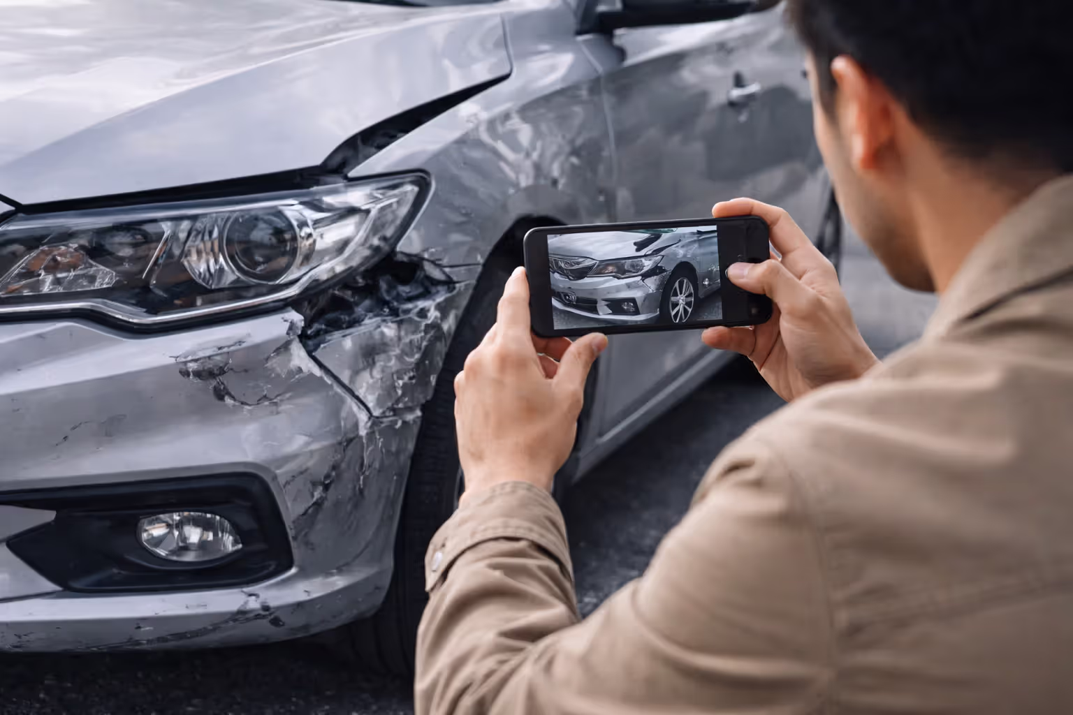 driver taking photos of car damage for insurance claim