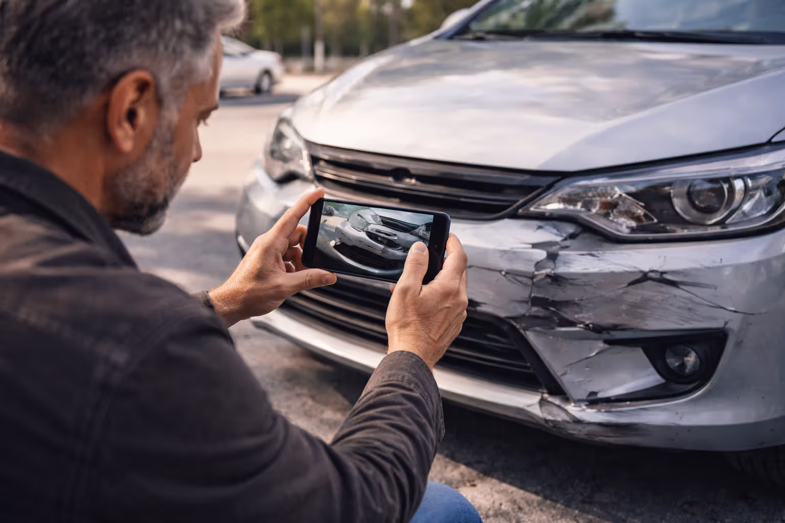 driver taking photos of car damage for insurance claim