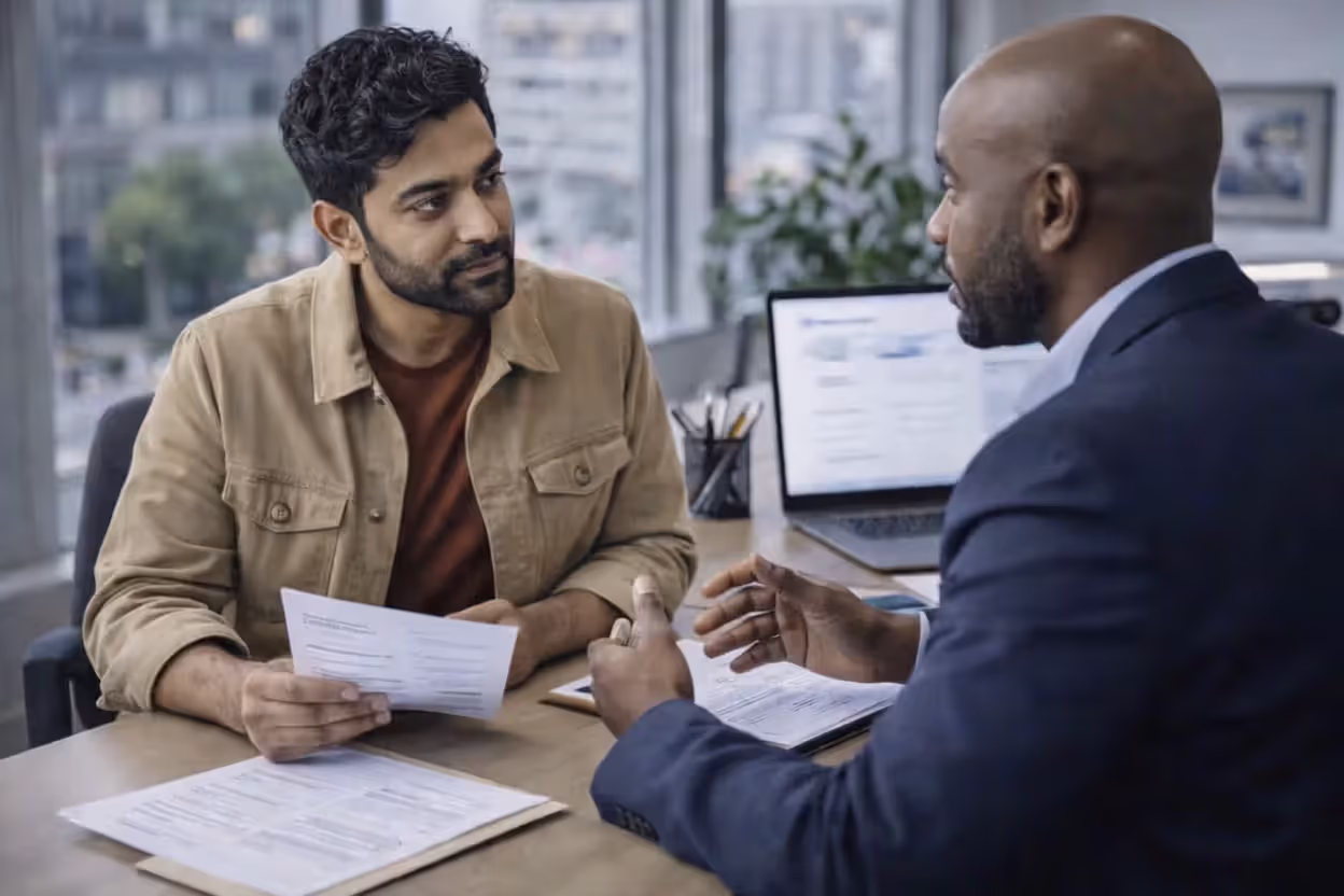 independent insurance agent advising client in office